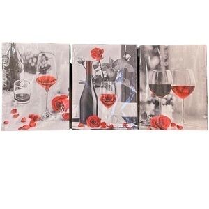 NWOT Wall Decor Red Wine Black  White Bottle Red Rose Wine Glass 3 Pieces Canvas